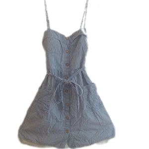 Worn, lightly faded, white and blue, purple Snow spaghetti strap, mini dress.